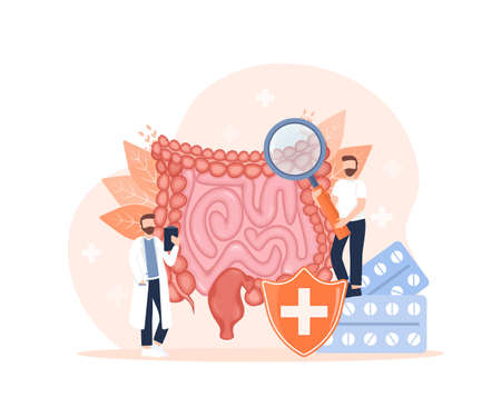 Cartoon vector illustration. Flat vector illustration with intestines, digestive system concept. Characters.のイラスト素材