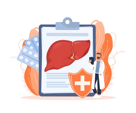 Flat illustration with liver on white background for medical design. Characters in cartoon style. Vector hepatic system organ, digestive gallbladder organ.のイラスト素材