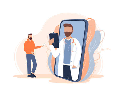 Flat illustration with online doctor. Doctor consultation. Vector illustration flat design. Video chat.のイラスト素材