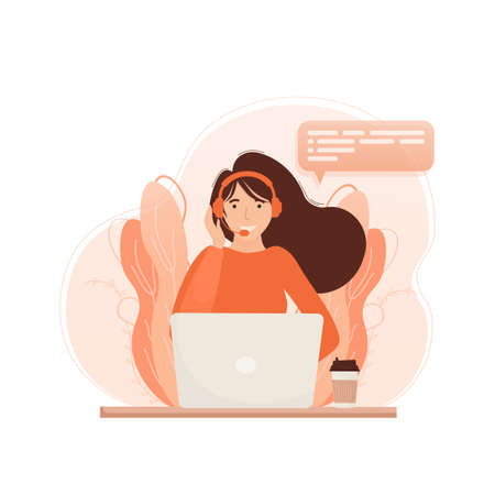 Call center, hotline flat vector illustrations. Smiling office workers with headsets cartoon characters. Character with headphones and microphone with laptop.のイラスト素材