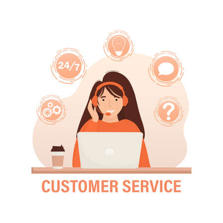 Call center, hotline flat vector illustrations. Smiling office workers with headsets cartoon characters. Character with headphones and microphone with laptop.のイラスト素材