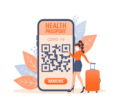 Mobile phone with immune digital health passport for covid-19. Green icon. Isometric concept. Covid pcr test vector icon. Vector isometric illustration.のイラスト素材
