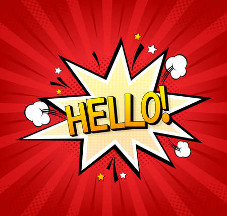 Beautiful pop art red font on colorful backdrop. Call icon vector. Pop art style. Hello banner vector illustrationのイラスト素材
