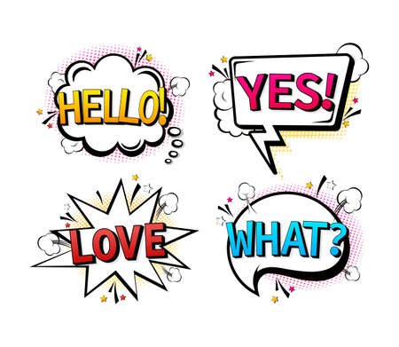 Comic speech bubbles set with different emotions and text Hello, Love, What, Yes. Pop style illustrationのイラスト素材