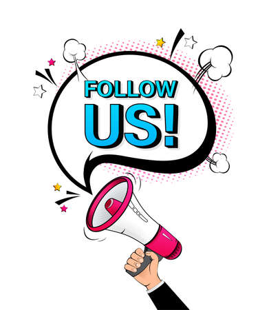 Follow us megaphone on white background for flyer design. Vector illustration in pop styleのイラスト素材