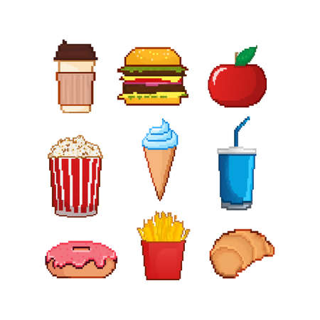Pixel art set with pixel food for game design. Vector art illustration. Sweet foodのイラスト素材