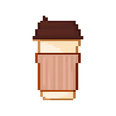 Paper coffee cup in pixel style on white background. Blank mockup. Mock up, template. Coffee drinkのイラスト素材