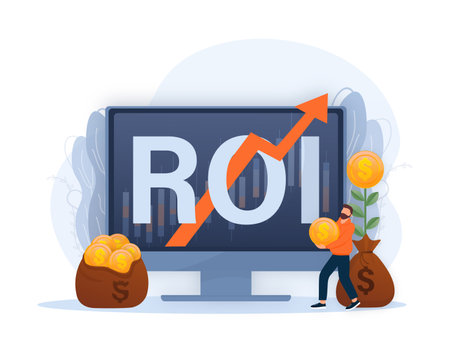 ROI, return on investment performance measure from cost invested and profit efficiency. Business growth arrows to success. Vector illustrationのイラスト素材