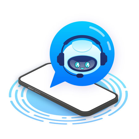Support bot. Ai assistant. Flat icon with blue support bot on white backgroundのイラスト素材