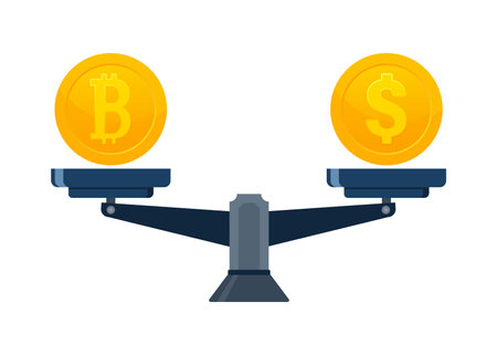 Crypto currency exchange on scale. Bitcoin exchange. Digital money. Digital bankのイラスト素材