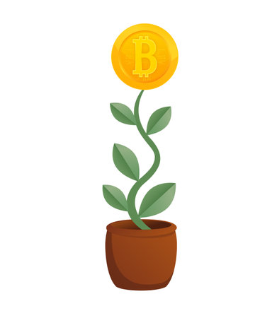 Businessman hand watering money tree with bitcoin. Vector cryptocurrencyのイラスト素材