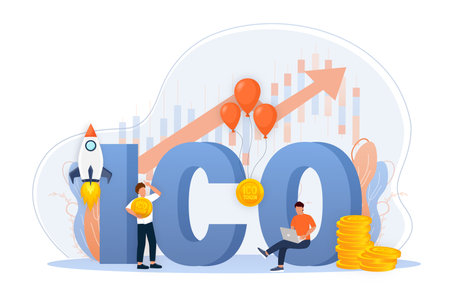 Initial coin offering, ICO Token production process vector illustration. Cryptocurrency trading desk, bitcoin futures, financial technology, blockchain ICO abstract metaphor.のイラスト素材