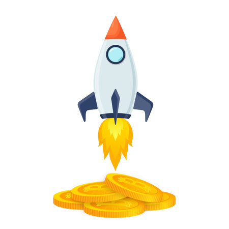 Concept of Crypto currency. Blockchain with a rocket. Bitcoin is Symbol going in to sky.のイラスト素材