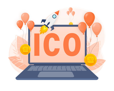 Initial coin offering, ICO Token production process vector illustration. Cryptocurrency trading desk, bitcoin futures, financial technology, blockchain ICO abstract metaphor.のイラスト素材