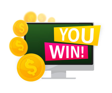 You win vector poster banner design template. Dollar coin on monitor. Vector illustrationのイラスト素材