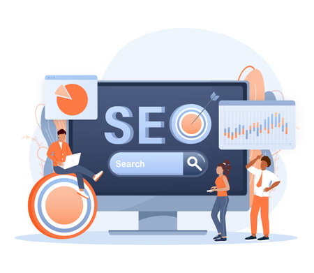 SEO Optimization, web analytics and seo marketing social media concept. Business people analytics and monitoring on web report dashboard monitorのイラスト素材