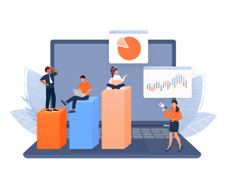 Business team walking success ladder or steps banner, web page. Flat design concept of business analysis and planning, increase profits, business growthのイラスト素材