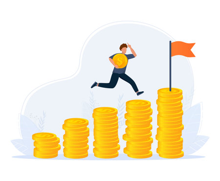 Compound interest, money growth investment. Businessman putting coins in jar on money stack step growing growth saving moneyのイラスト素材