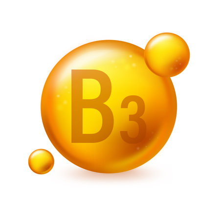 Vitamin B3 gold shining pill capcule icon. Pill capcule vector illustration on white isolated backgroundのイラスト素材