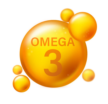 Omega 3. Vitamin drop, fish oil capsule, gold essence organic nutrition. Pill capcule. Vector illustration on white isolated backgroundの写真素材