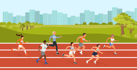 Diverse runners competing on track in urban park settingのイラスト素材