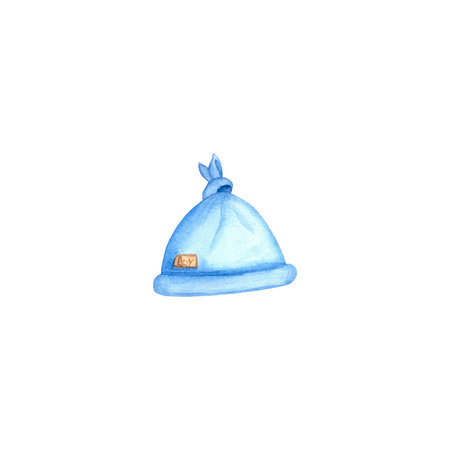 Baby boy blue hat. Art watercolor illustration isolated on white background. For printing postcards, invitations, newborn productsの写真素材
