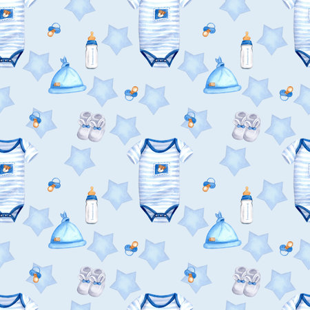 Watercolor seamless pattern for little boy with bodysuit, booties, bottle, stars, pacifier. Perfect for textile, print, greeting cards, wrapping paper, wallpaperの写真素材