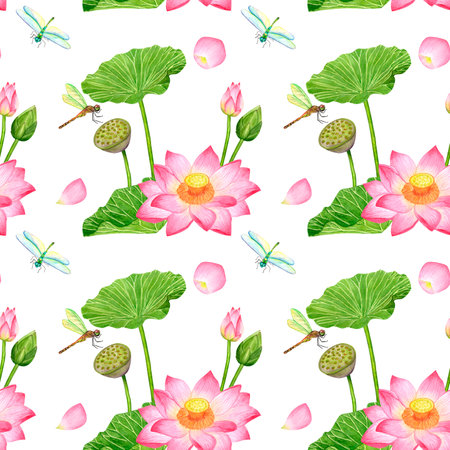 Watercolor seamless pattern with lotus flowers, seed boxes to create textures, backgrounds, packaging, textilesの写真素材