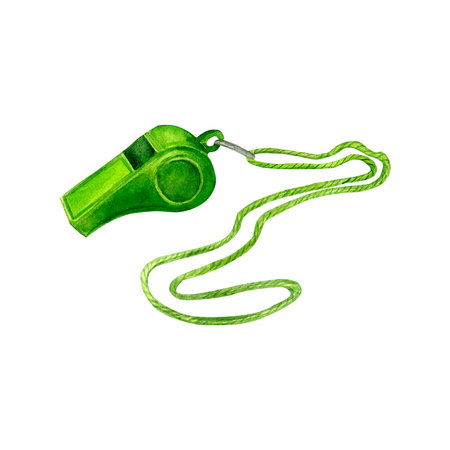 Green sports whistle on a rope for a football or other sports. Watercolor illustration. One single object Isolated on white backgroundの写真素材