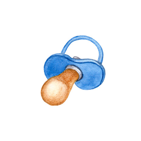 Blue baby pacifier for boy. Art watercolor illustration isolated on white background. For printing...