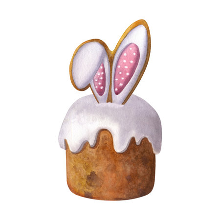 Watercolor Easter cake with white glaze and bunny ears. Isolated objects on white background. A template for your invitation, postcards, print design.の写真素材