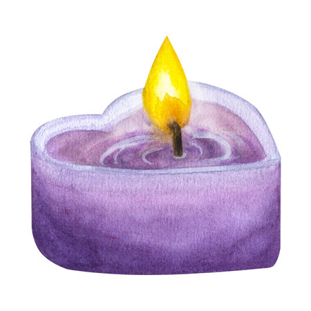Violet burning candle.Shape of a heart. Watercolor illustration isolated on white background. Candlelight design for Valentines day, spa. Cozy interior clipartの写真素材