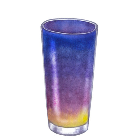 Purple blue glass beach tropical cocktail. Alcohol drink. Hand-drawn watercolor illustration on white background. Design element bar restaurant menuの写真素材