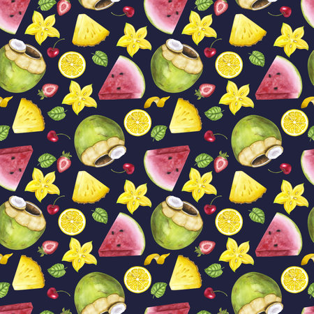 Seamless endless pattern. Watermelon coconut pineapple carambola strawberry. Hand drawn watercolor illustration on dark background. For textiles, packaging, fabricの写真素材