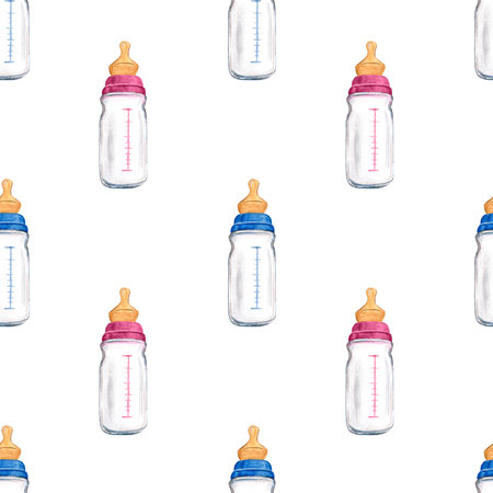 Seamless endless pattern. Newborn pink blue bottles for boy and girl. Hand drawn watercolor illustration isolated on white background. Baby shower, gender reveal party, childrens textiles, packagingの写真素材