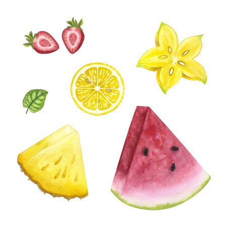 Bunch tropical fruits. Lemon watermelon strawberry pineapple carambola. Hand-drawn watercolor illustration on white background. For bar restaurant menu logoの写真素材