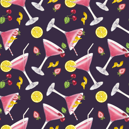 Seamless pattern pink beach cocktail, strawberry, lemon, cherry. Summer tropical drink. Party time. Hand-drawn watercolor illustration on dark background. For cafe restaurant bar menuの写真素材