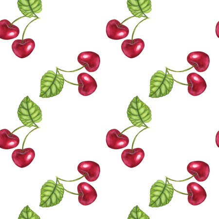 Seamless pattern fresh ripe red cherry berries with a green leaf. Botanical painting. Hand drawn illustration isolated on white background. For food label designの写真素材