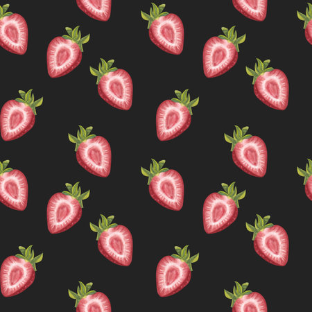 Seamless pattern fresh ripe red strawberry with a green leaf. Botanical painting. Hand drawn illustration isolated on black background. For food label designの写真素材