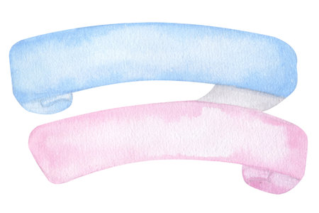 Satin ribbon blue pink. Boy or girl. For text. Hand drawn watercolor illustration isolated on white background. For gender reveal party, baby shower, childrens designの写真素材