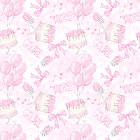 Pink seamless pattern girl. Cake, cupcake, balloons, bow. Hand drawn watercolor illustration isolated on white background. For gender reveal party, baby shower, childrens holidayの写真素材