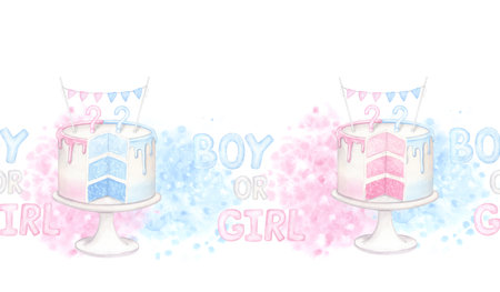 Seamless border pattern boy or girl. Cake with blue pink filling. Hand drawn watercolor illustration isolated on white background. For gender reveal party, baby shower, childrens holidayの写真素材