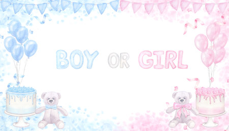 Pink blue banner gender reveal party invitation boy or girl. Balloons box, cake, cupcake, confetti. Hand drawn watercolor illustration isolated on white background. For baby shower, childrens holidayの写真素材