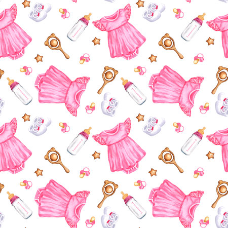 Seamless pattern newborn girl. Pink bodysuit, booties, bottle, stars, pacifier. Hand drawn watercolor illustration isolated on white background. For textile, print, greeting cards, wrapping paperの写真素材