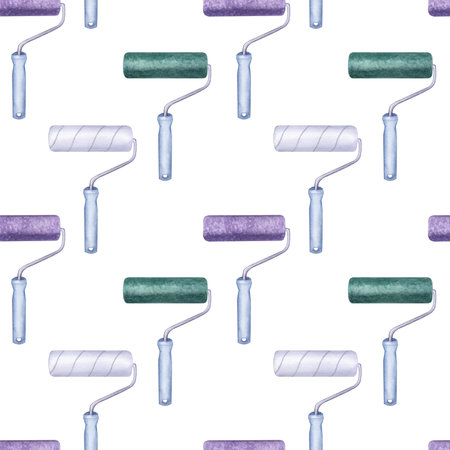 Seamless pattern green violet white roller, blue handle, repair tool. Making renovation. Decorating interior, repainting walls color. Hand drawn watercolor illustration backgroundの写真素材
