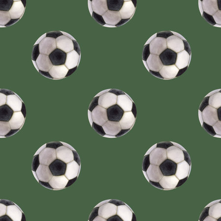 Seamless pattern football. Black and white soccer ball. Hand drawn watercolor illustration isolated on green background. For design postcard, sticker, poster, label, logoの写真素材