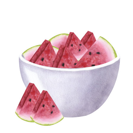 Slice pink red watermelon, bowl. Healthy diet. Hand drawn watercolor illustration isolated on white background. Design element for bar and restaurant menu, recipes, flyersの写真素材
