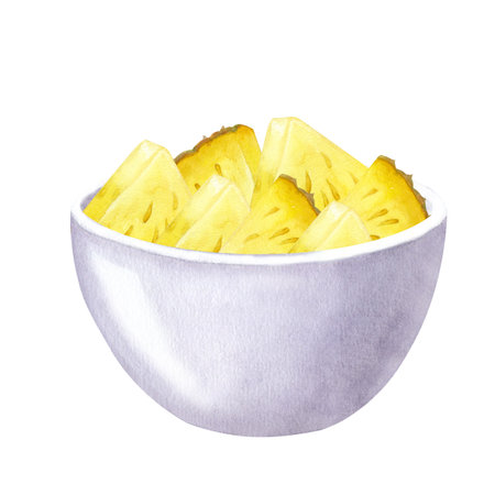 Slice yellow pineapple, bowl. Healthy diet. Hand drawn watercolor illustration isolated on white background. Design element for bar and restaurant menu, recipesの写真素材