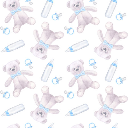 Seamless pattern baby boy blue pacifier dummy, milk bottle, Teddy bear. Hand drawn watercolor illustration isolated on white background. Collection to newborn, baby showerの写真素材