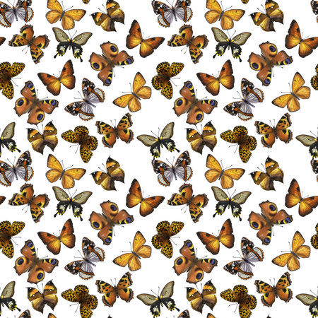Seamless endless pattern beautiful butterflies, yellow orange. Hand-drawn watercolor illustration isolated on white background. Can be used for card, poster, backdrop, fabricの写真素材